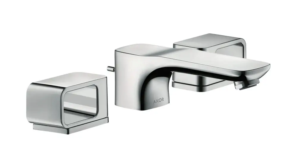 Waschtischarmatur mit zwei separate Bedienhebel und Auslauf, verchromt. Marke AXOR. Modernes Design mit klaren Linien und minimalistischem Stil.